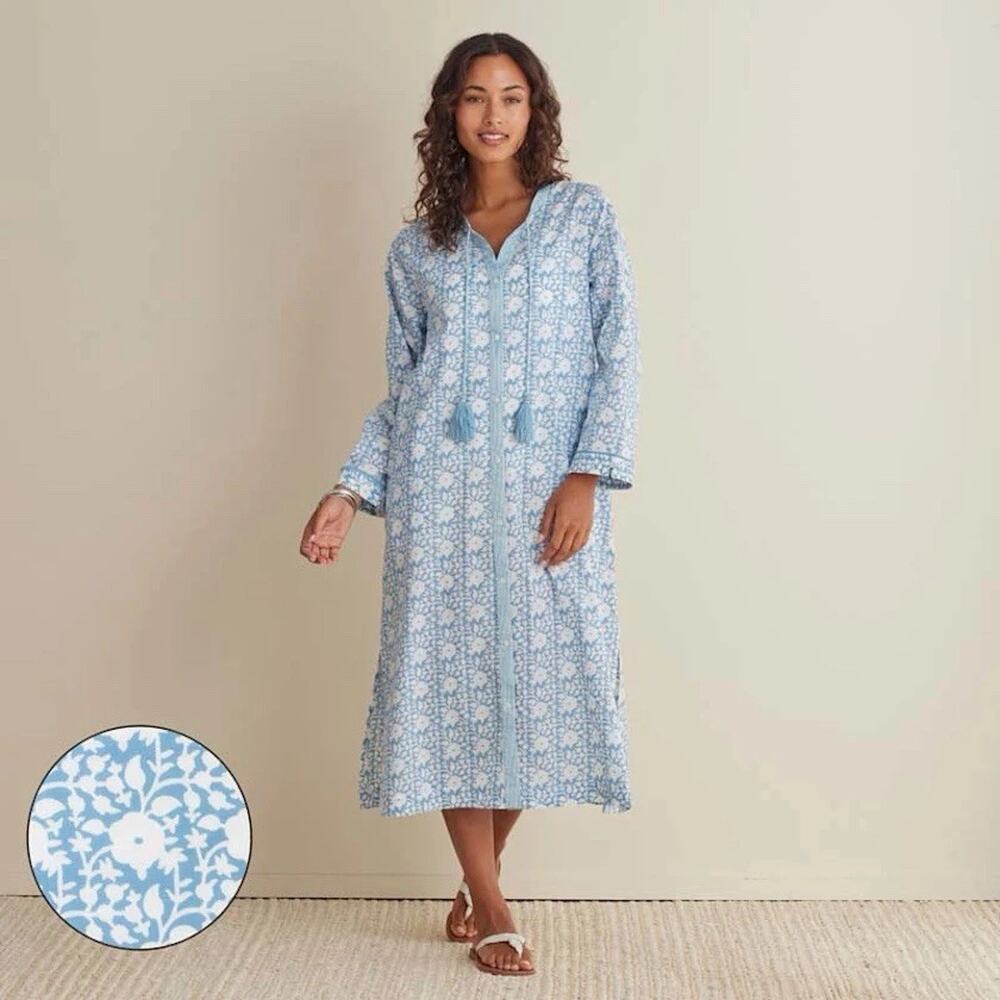 The Company Store Printed Blue Voile Caftan Midi Dress 100% Cotton Sz Small NWT